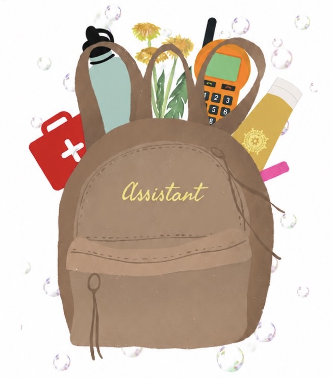 Illustration of a backpack labeled Assistant, packed with a water bottle, first-aid kit, sunscreen, phone, and flowers