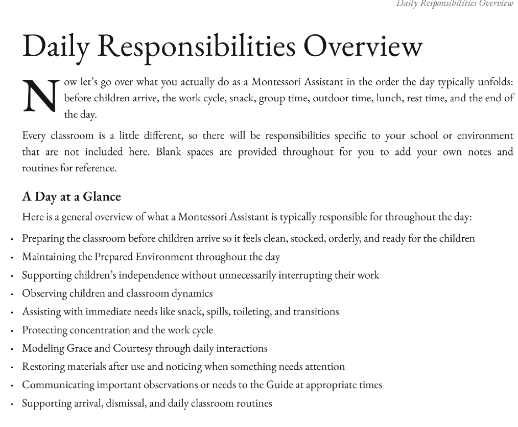 Daily responsibilities overview page with a day-at-a-glance list