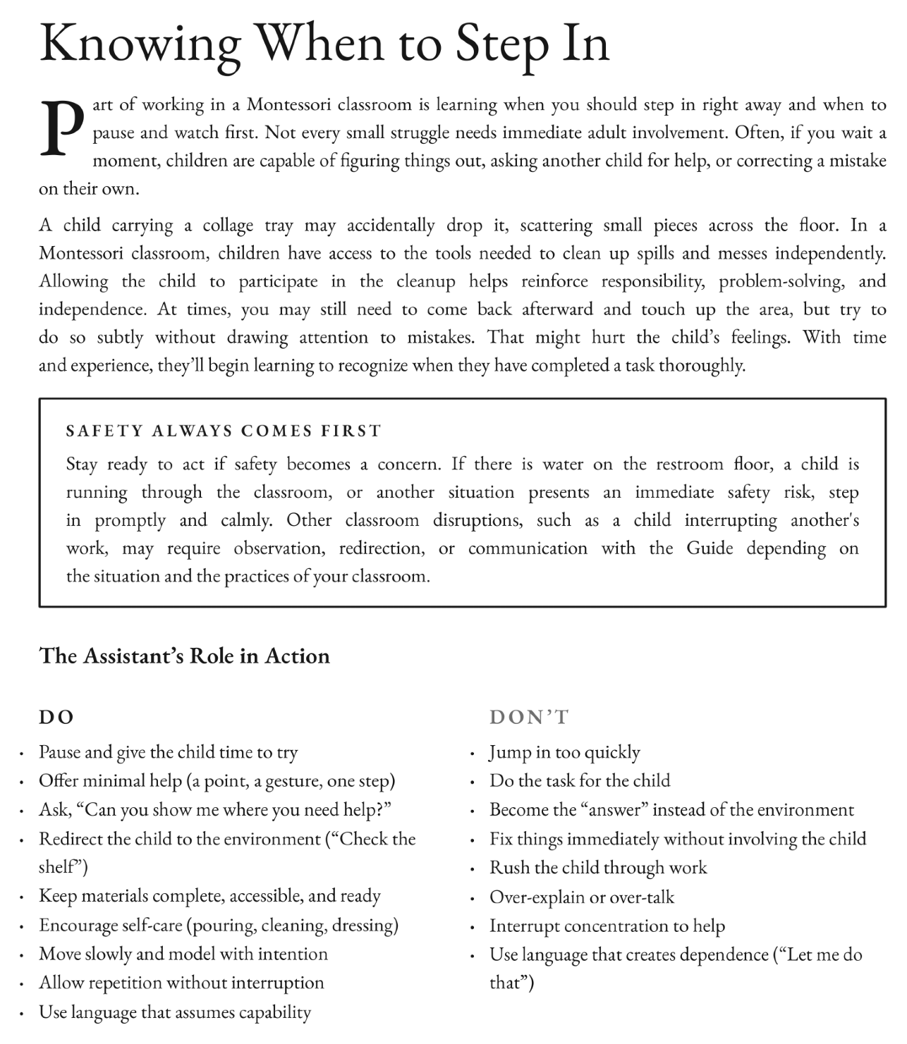 Knowing when to step in page with a Do and Don't list